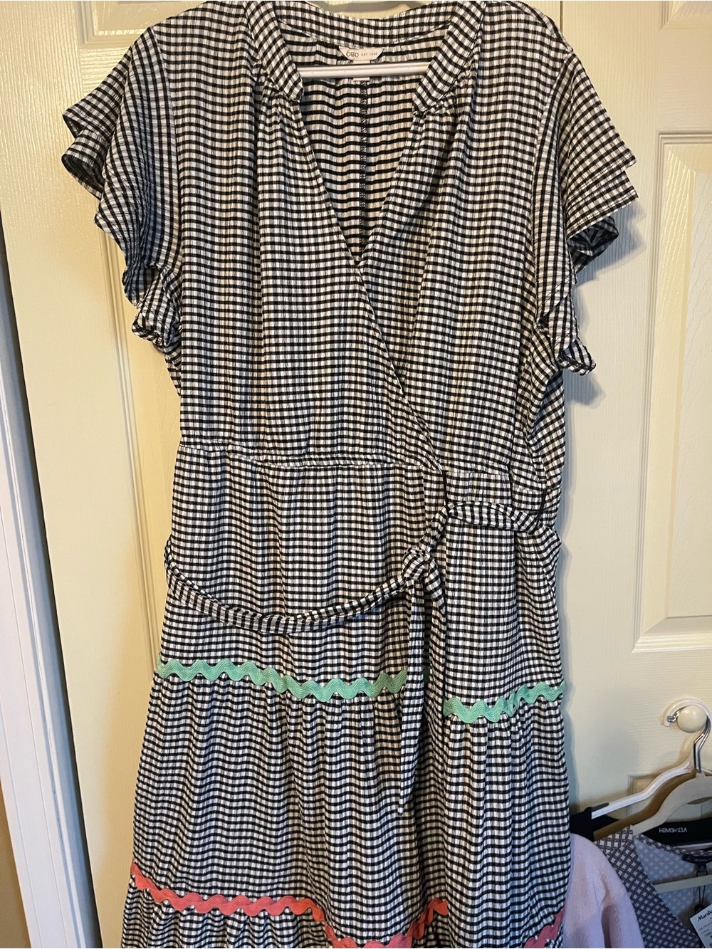 Cato Black & White Gingham Maxi Dress with Mint and Coral Scallop Trim